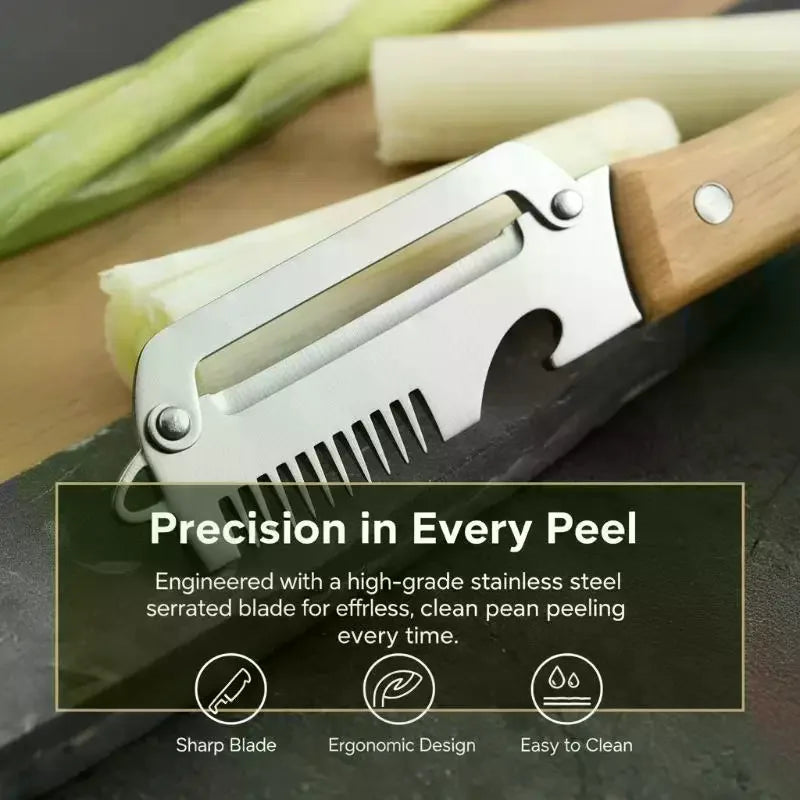 Multi-Functional Kitchen Vegetable Peeler - Stainless Steel with Natural Wooden Handle & Integrated Bottle Opener Tool Qme