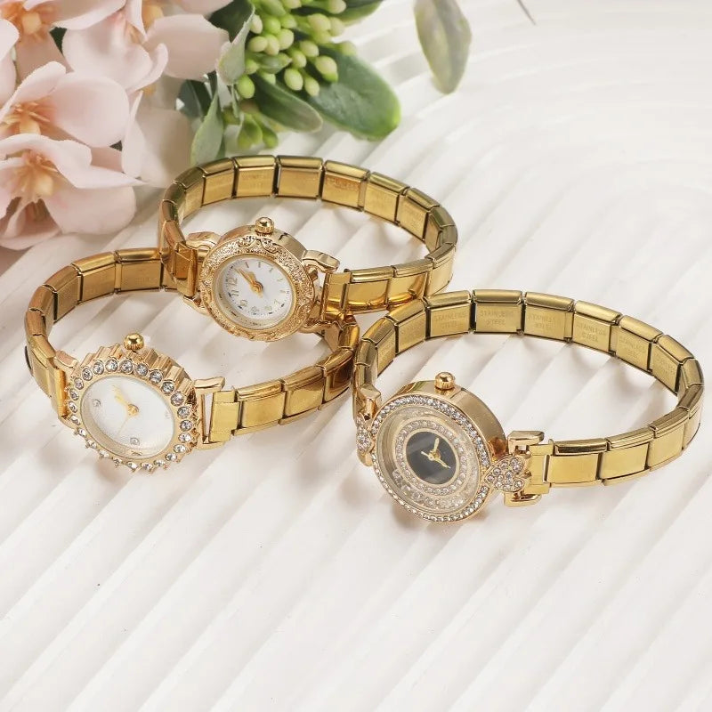 Fashion Women's Stainless Steel Round Shiny Zircon Watch DIY 9mm Width Bracelet Head For Party Friend Birthday DIY Jewelry Gift Qme