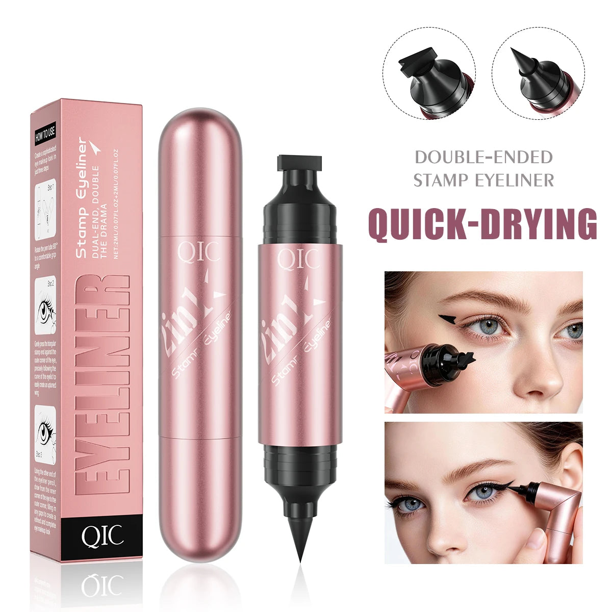 2 In 1 Double Head Stamp Eyeliner Waterproof Sweatproof Smudgeproof Quick Dry Black Liquid Eyeliner Natural Eye Makeup Qme