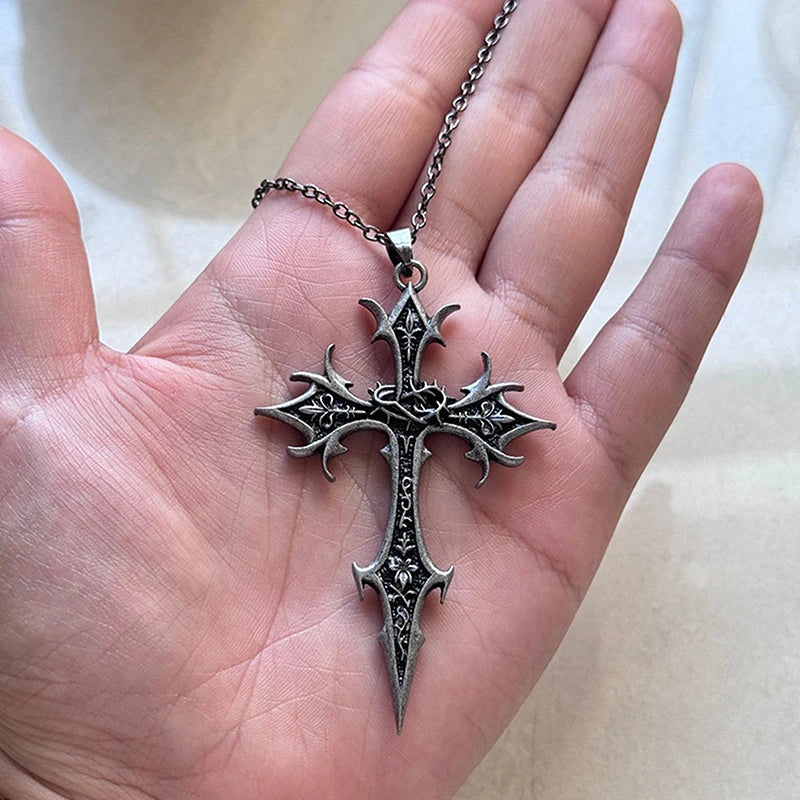 Cross Necklace Vintage Gothic Silver Religious Crucifix Pendant Qme