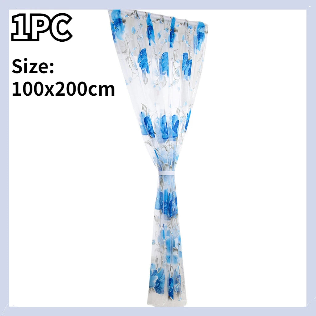 1/2 PCS Vines Leaves Tulle Door Window Curtain Drape Panel Sheer Scarf Valances Colorful Floral Pattern Transparent Curtains Qme Navy Blue