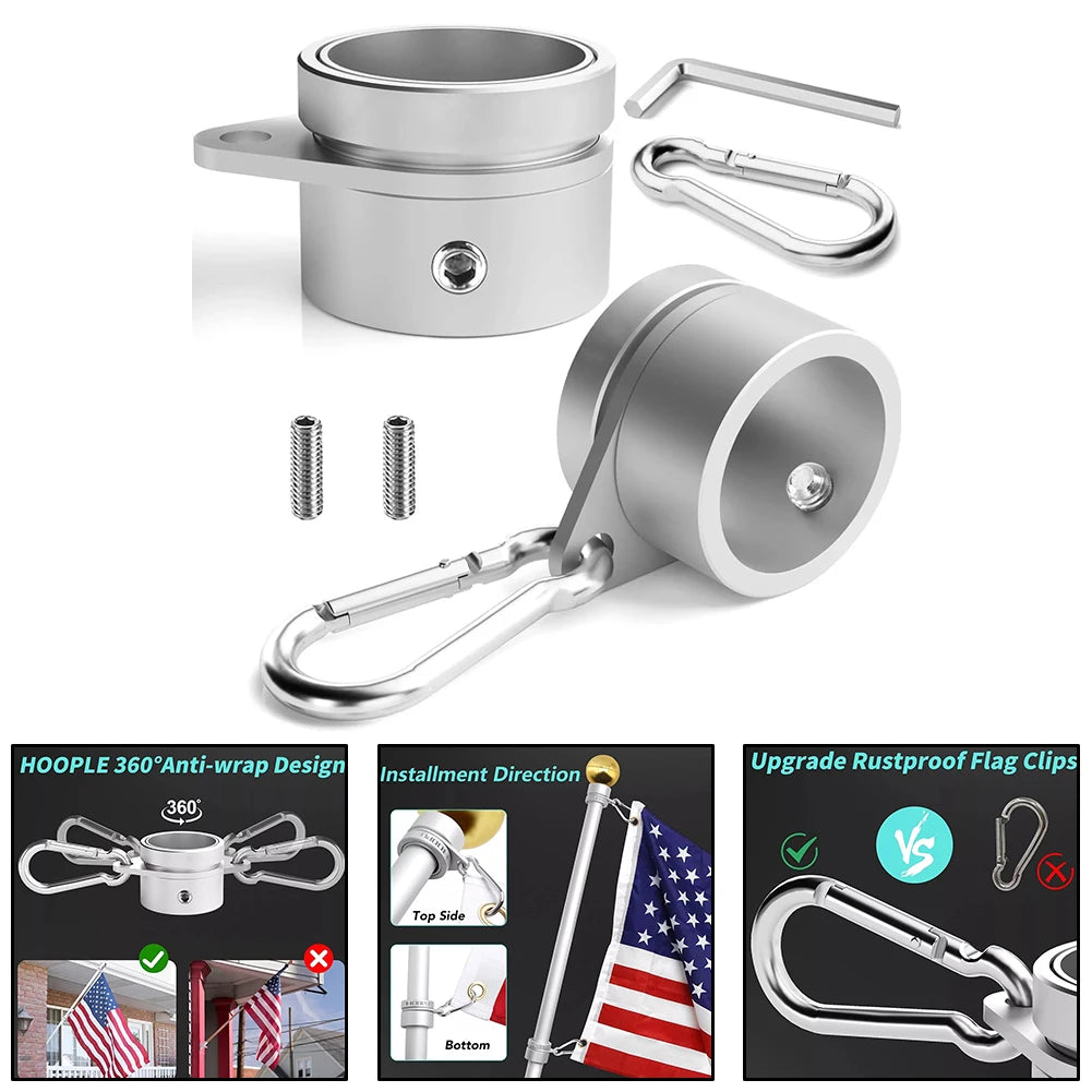 2pcs Aluminum Flag Pole Rings 360 Degree Rotating Flagpole Flag Mounting Rings With Carabiners AntiWrap For 0.75-1.02 Inches Qme Default Title