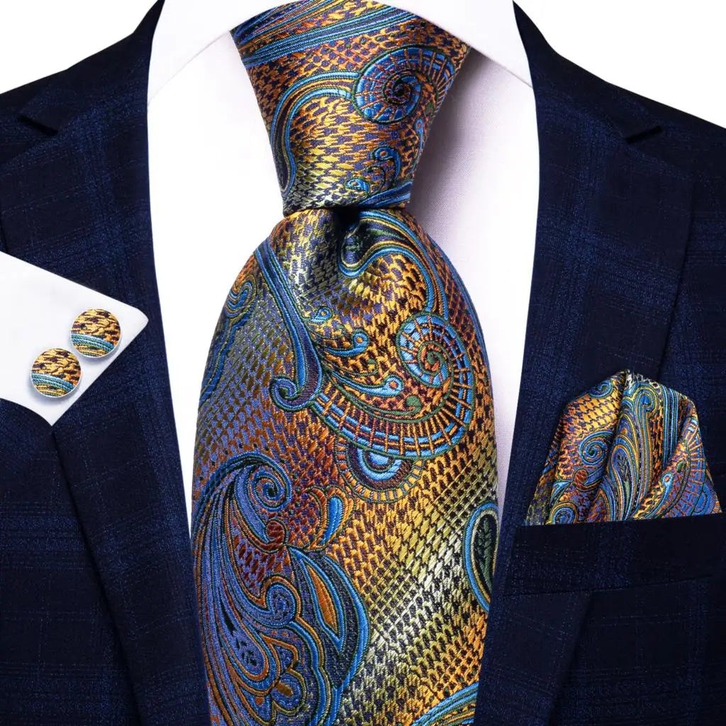 Hi-tie Men Fashion Paisley Sage Green Necktie Handkerchief Cufflinks Qme SN-3466