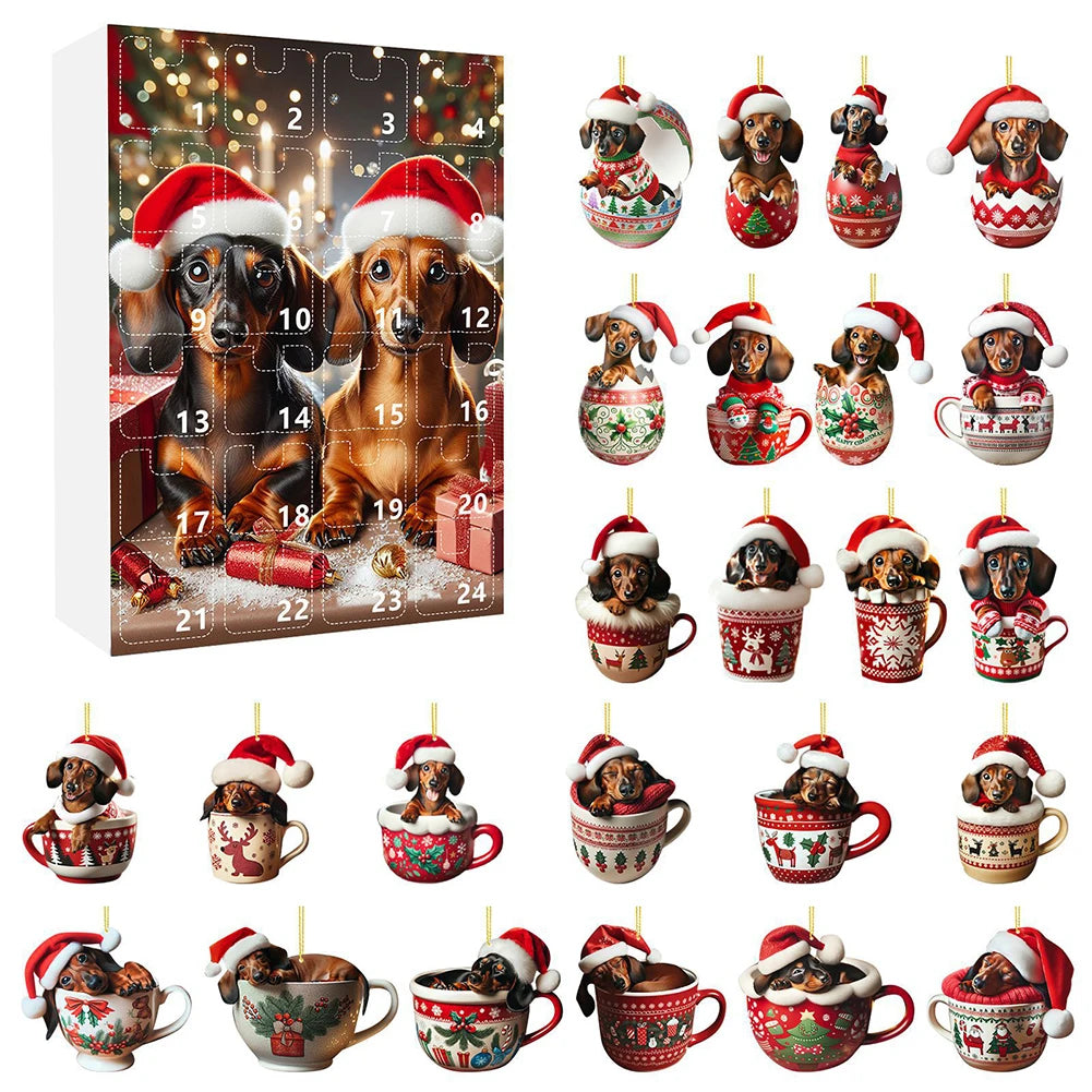 24 Days Christmas Countdown Calendar W/Dachshunds Figure Ornaments Xmas Advent Calendar Xmas Gifts for Dog Lover Qme C One Size