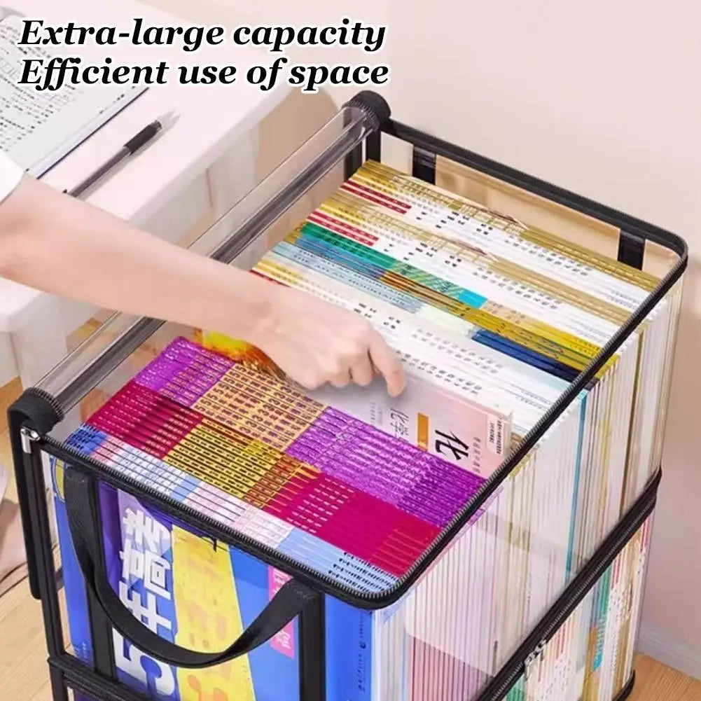 Foldable Waterproof Book Storage Box, Large Capacity Book Organizer for Students Home School Dormitory, Portable PVC Book Bag Qme