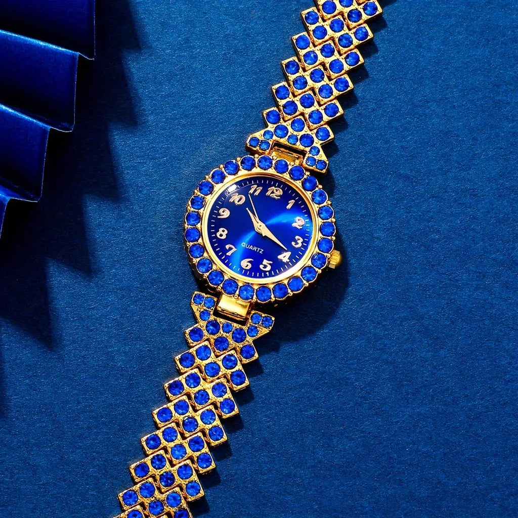 6pcs/set Women's Elegant Rhinestone Quartz Watch Blue Fashion Wrist Watch & Synthetic Gem Jewelry Set, Valentines Qme