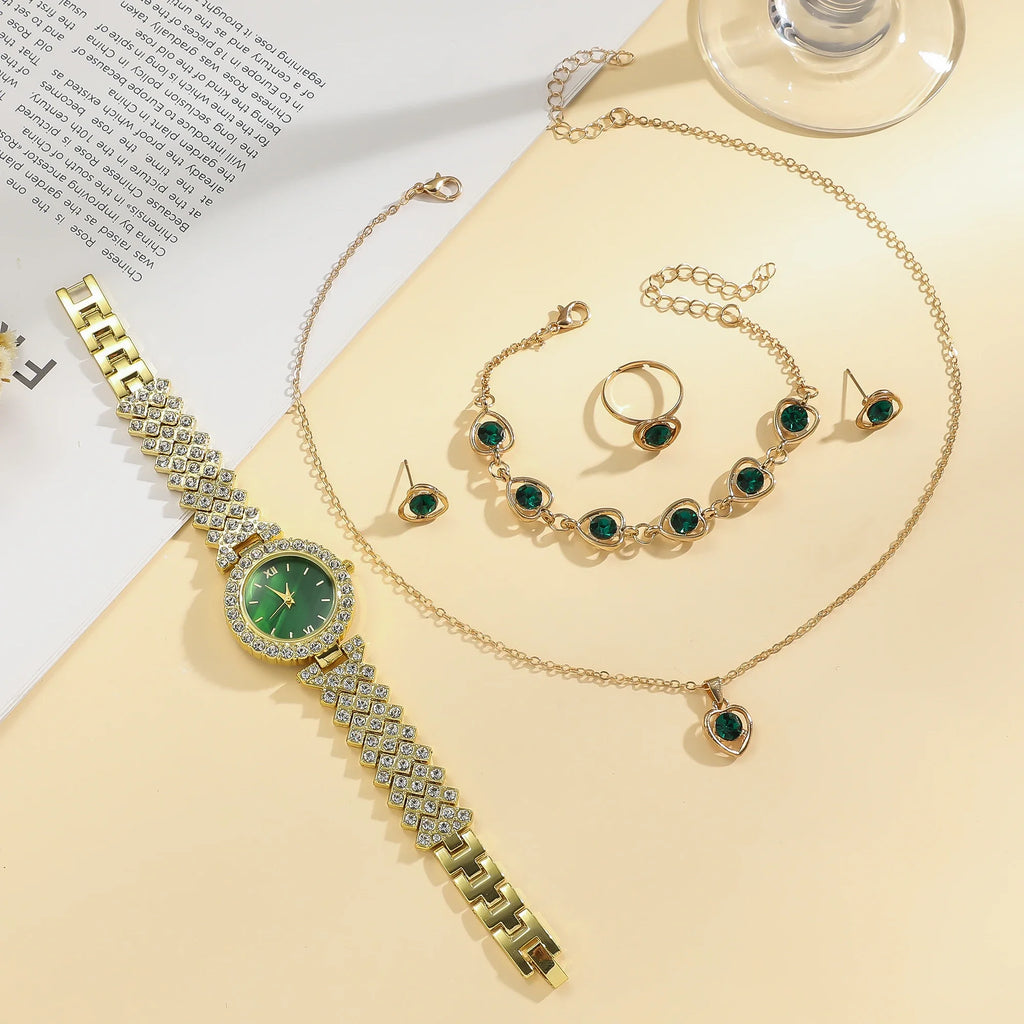 Steel Quartz Watch with Female Simple Fashion Bar Dial + Diamond Love Bracelet Set 6 Units/Set Qme