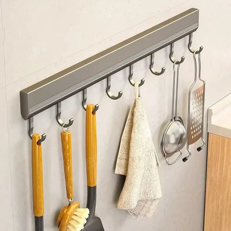 Kitchen HookRack - Wall-Mounted Without Drilling - Space Aluminum Multi-Functional Storage Hooks Qme