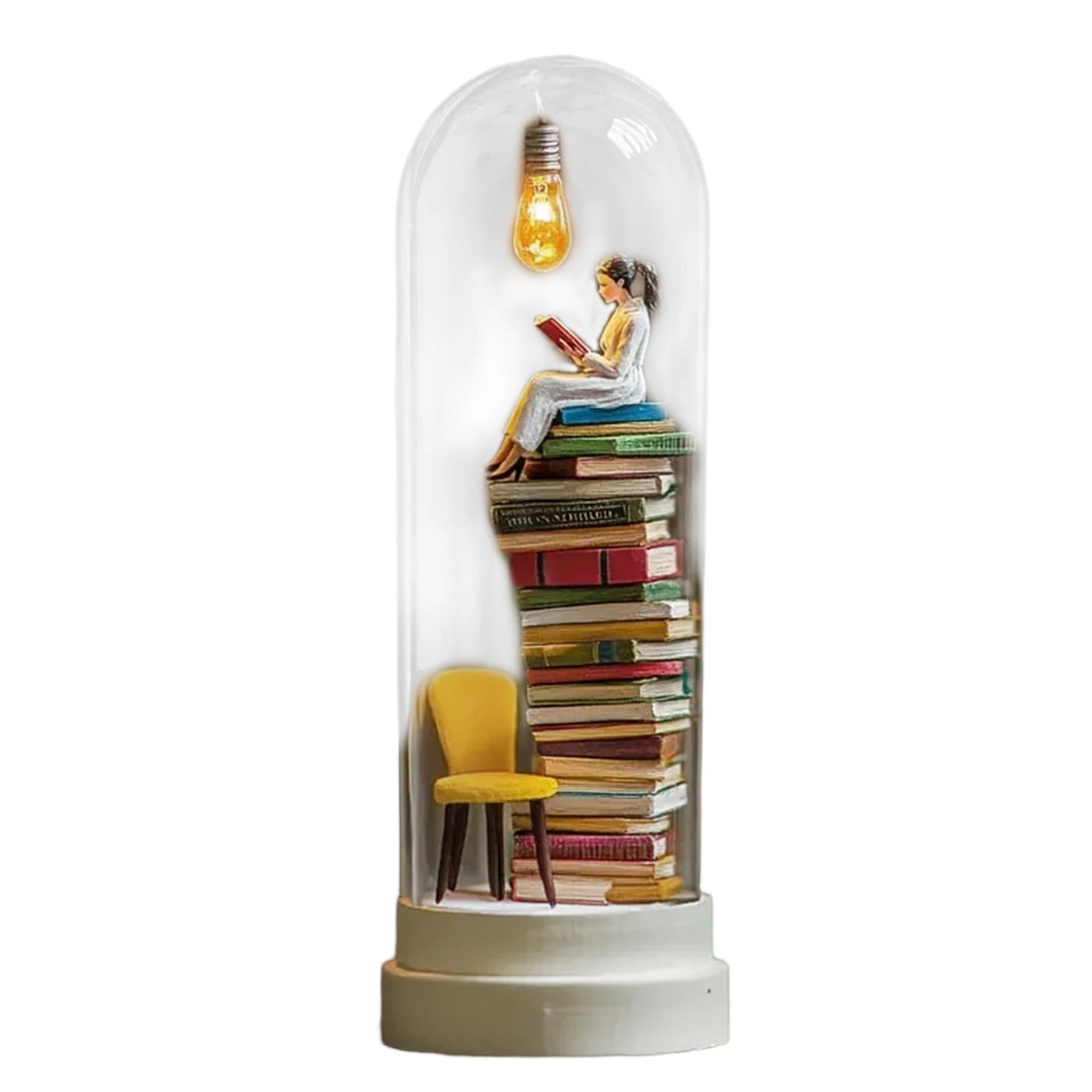Mini Reading Figurine Lamp with Transparent Cover Tiny Bookshelf Library Statue Light for Desk Ornament Birthday Valentine Gift Qme B One Size