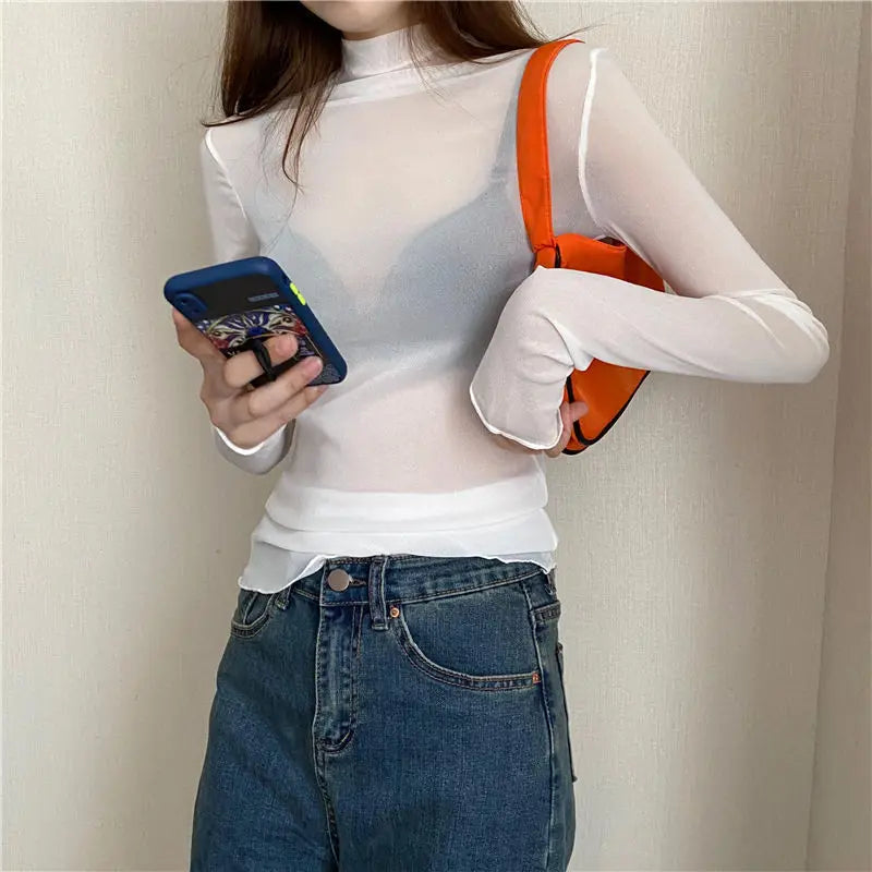 Floral Lace Shirt Spring Autumn Long Sleeve Sexy Mesh Bottoming Shirts Ladies Solid Turtleneck Silk T-Shirt Lace Crop Top Qme Wt XXL