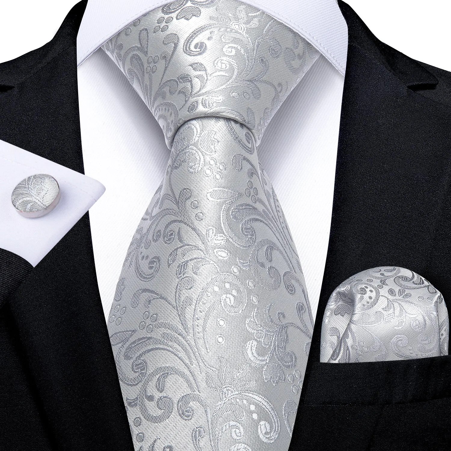 Tie Set for Men, 3-Piece Wedding Accessories with Cufflinks & Pocket Handkerchief, Striped/Floral Design Qme DPTH-HT-LDSN1169