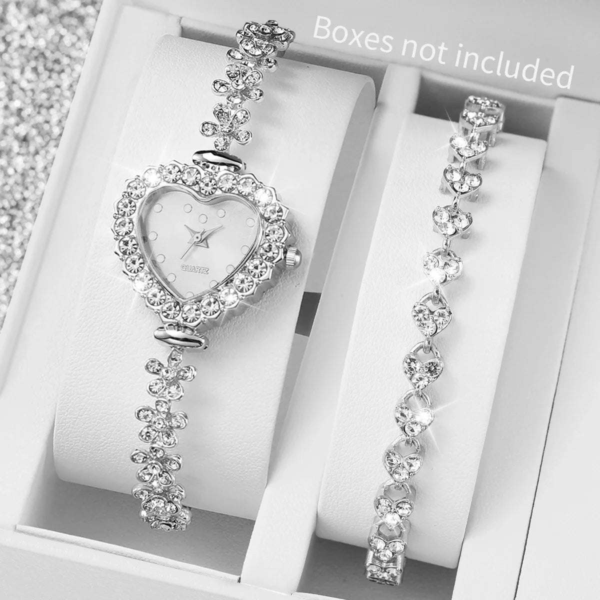 2PCS Set Women Watches Luxury Rhinestone Bracelet Ladies Heart Dial Quartz Wristwatches Dress Clock Montre Femme（Without Box ） Qme Silver Set No Box