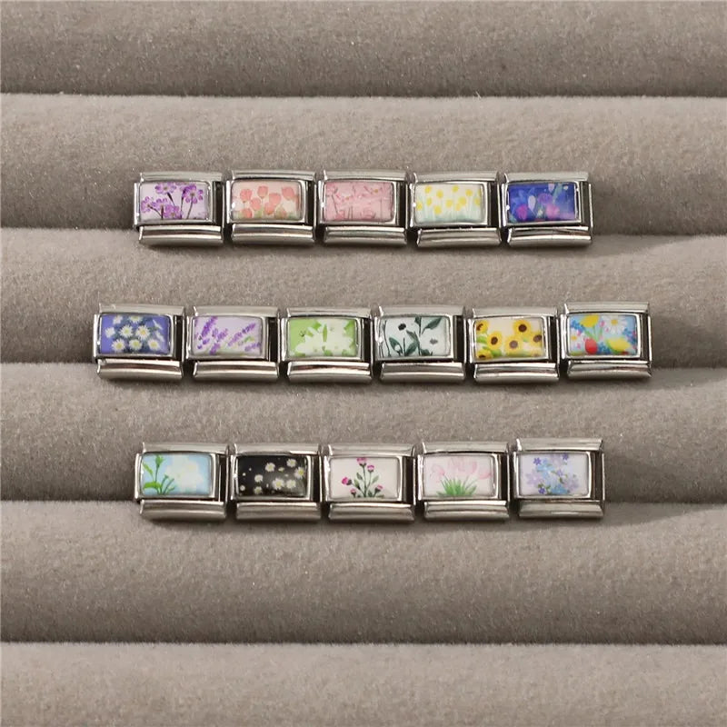 Fashion Iris Hyacinth Sunflower Daisy Flowers Series Italian Charm Link Fit 9mm Bracelet Stainless Steel Women Men DIY Making Qme