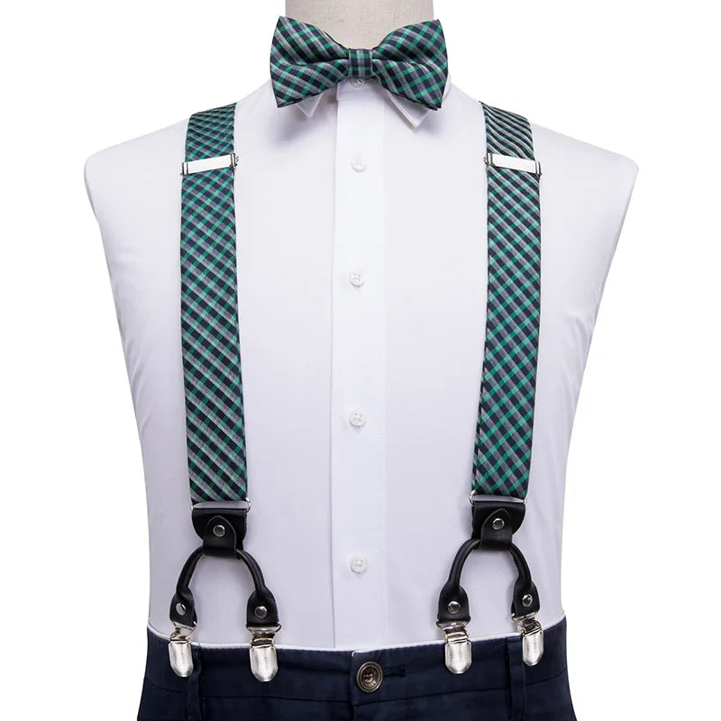 Silk Woven Mens Suspenders Bow Tie Hanky Cufflinks Strength 6 Clips Qme BD-3024