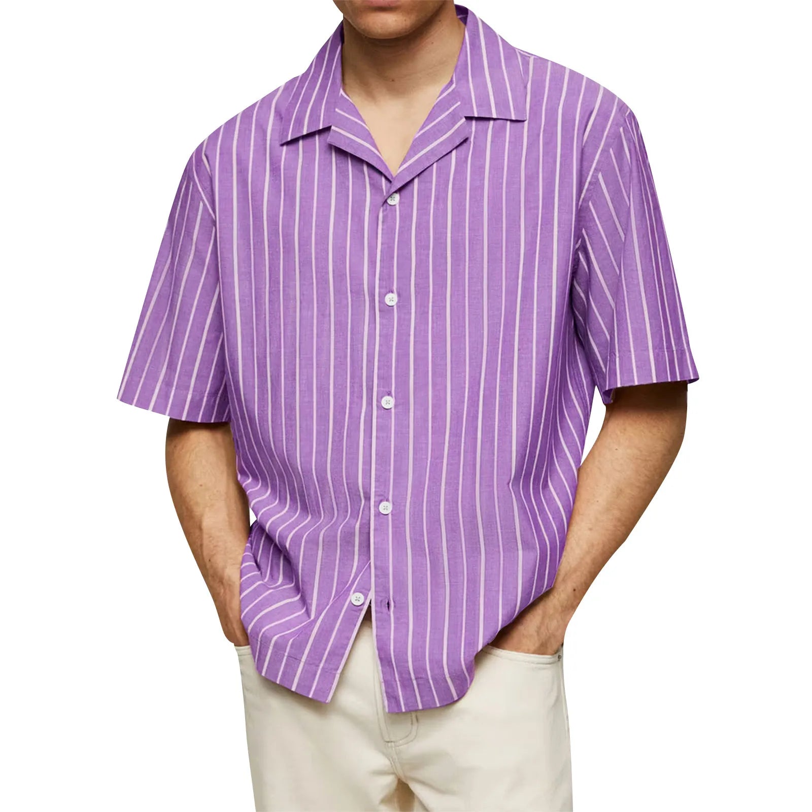 Male Fashionable Stripped Patchwork Retro Business And Daily Half Sleeved Summer Cardigan With Buttons Basics And Versatile Qme Purple XL