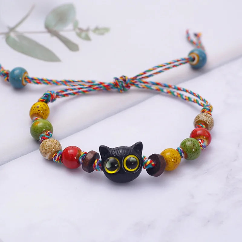 b84 Big Eyed Cat with Colorful Woven Drawstring Ceramic Bracelet Vintage Jingdezhen Handmade Bead String Jewelry Accessories Qme hei huang