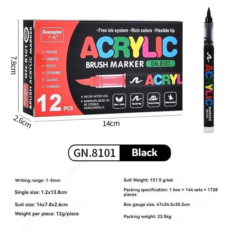 12 Black/White Acrylic Markers Soft Head Markers Painted Wood Ceramic Festival DIY Box Gfit Marker Set Festival Art Supply Qme 12 black