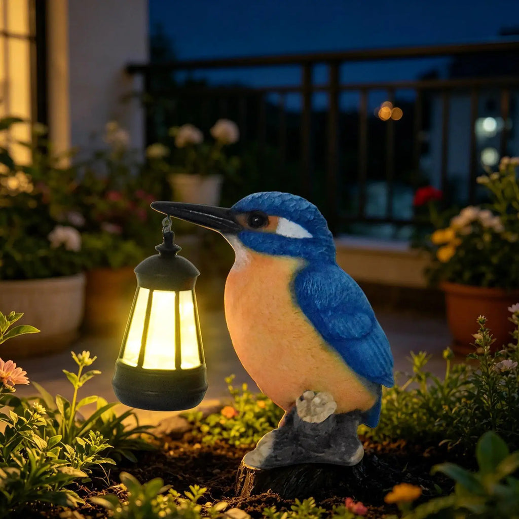 Solar Garden Statues Waterproof Resin Blue Kingfisher With Solar Lantern Outdoor Bird Figurine Light For Patio Lawn Pathway Qme