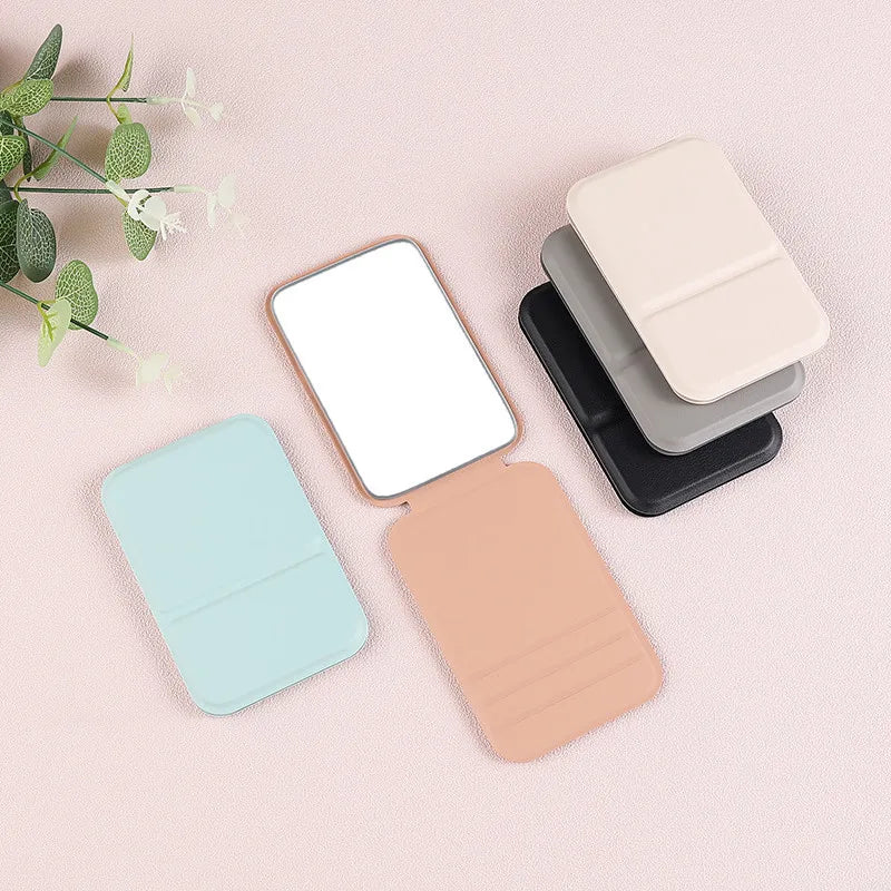 Desktop Makeup Mirror Solid PU Leather Simple Portable Handheld Qme