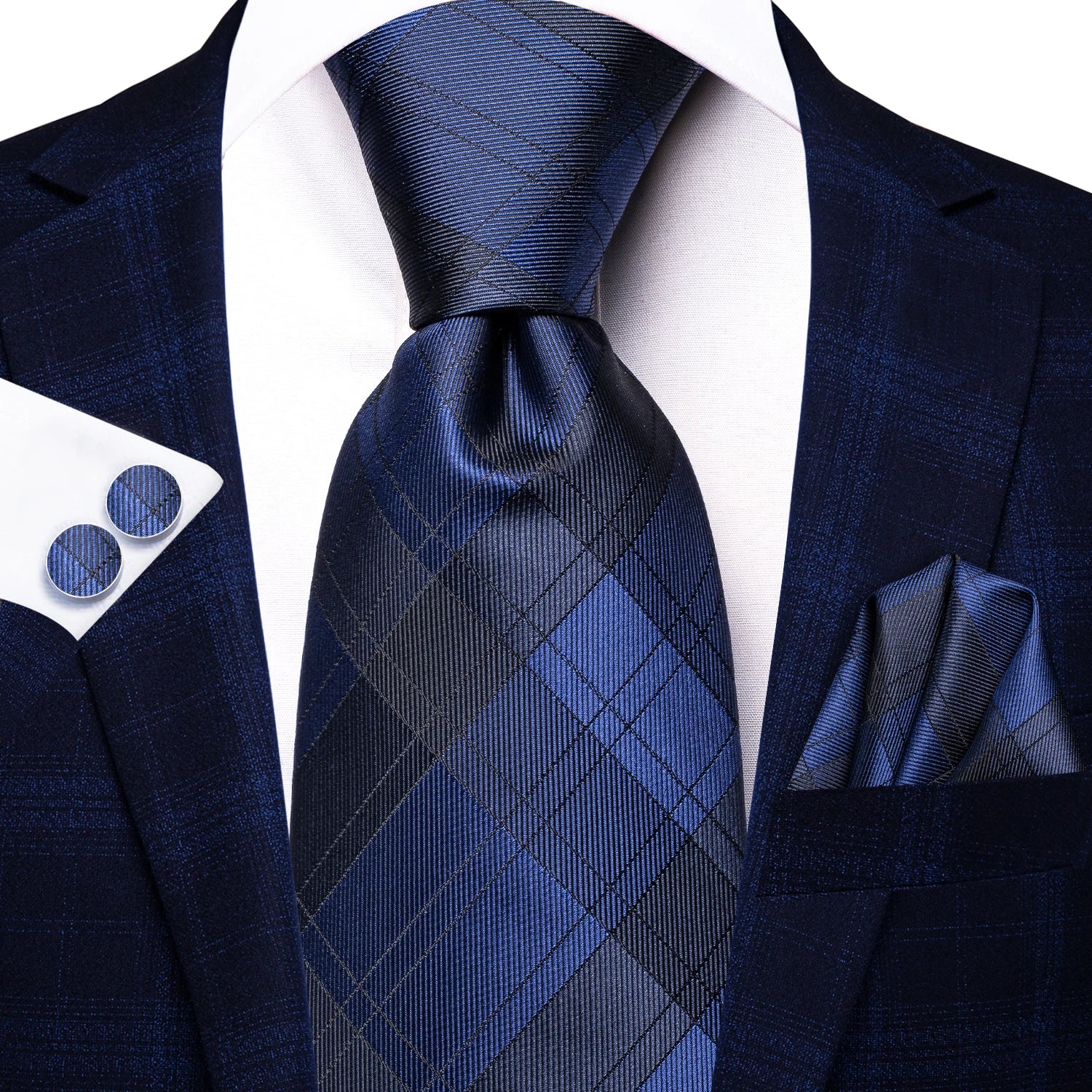 Hi-Tie Fashion 8.5cm Blue Plaid Dots Men's Elegant Tie Handkerchief Cufflinks Set Wedding Party Accessories Gift for Men Gravats Qme N-3767