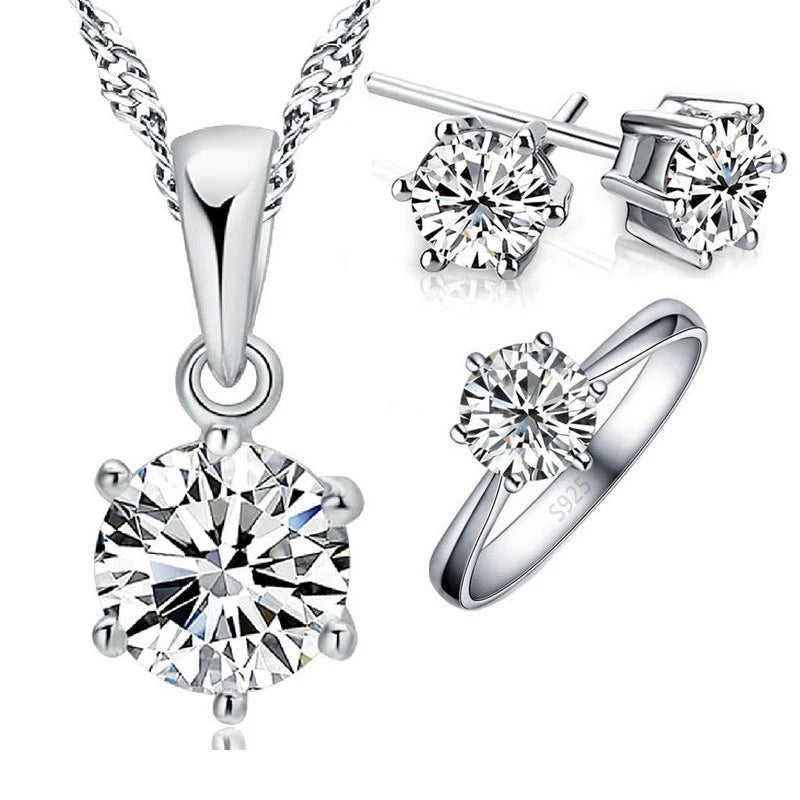 Hot Sale Woman Birthday Gift Wedding Jewelry Set 925 Sterling Silver Color Shiny Crystal Necklace Earring Ring Sets for Wedding Qme Resizable