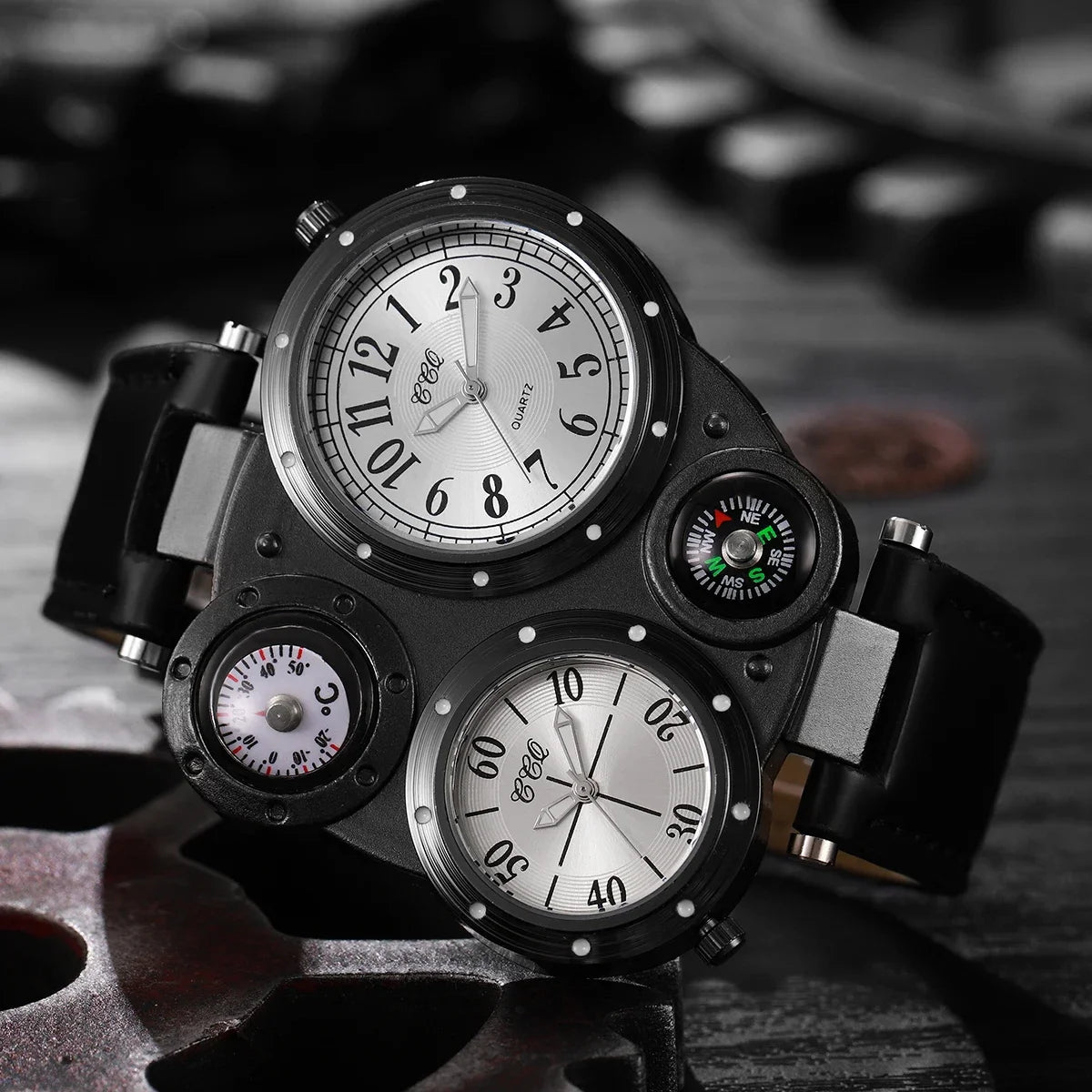 2 pçs/set luxo grande dial masculino relógios de quartzo casual pulseira de couro relógios de pulso esporte para homem 4 Qme black