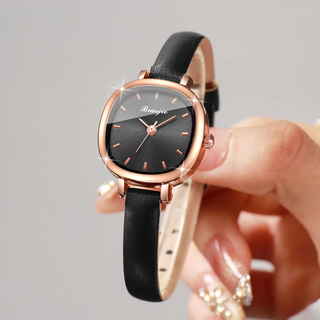 4-in-1 Elegant Jewelry Set for Women, Rose Gold Black Dial Watch + Black Heart Bracelet + Necklace + Earrings, Rose Gold Tone Qme