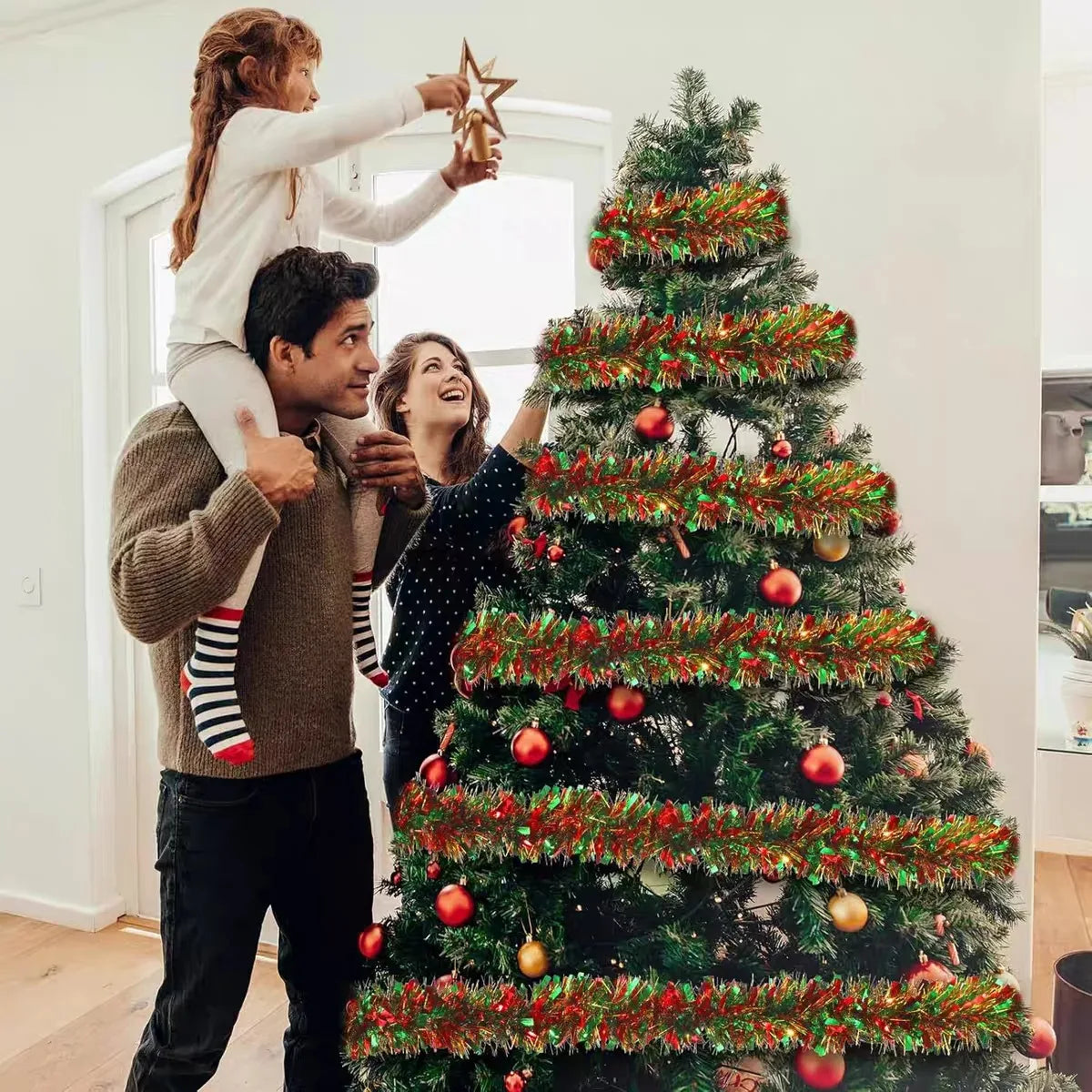 2-20MChristmas Tinsel Garland Metallic Tinsel Twist Garland Shiny Hanging Decoration for Party Xmas Tree Home Stairs Decor Qme
