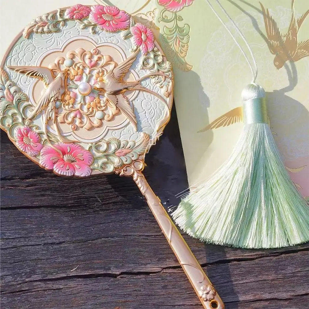 Vintage Chinese Mirror Hand Fancy Pretty Princess Handheld Long Qme