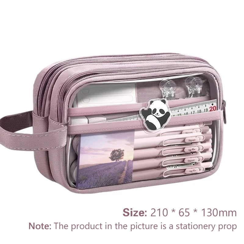 Handheld Double Layer Transparent Pencil Case Pen Bag Hitting Square Qme purple