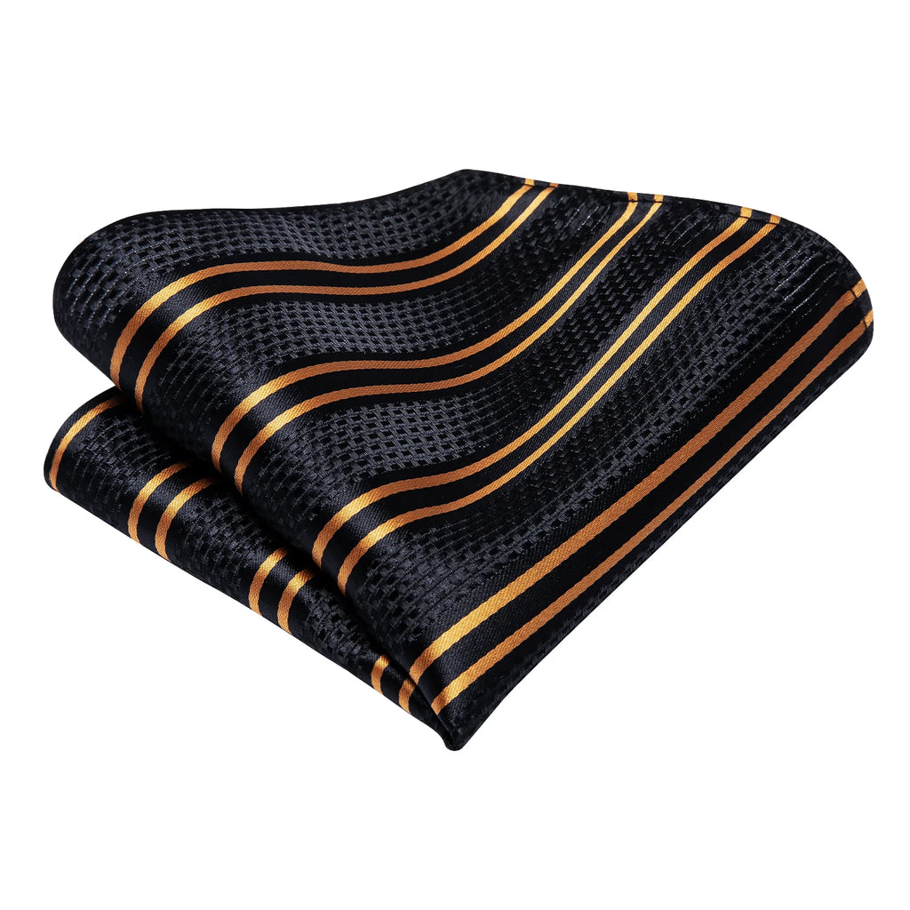 Hi-Tie Luxury Gift Box Golden Striped Pattern Tie Soft Men's Handkerchief Cufflink Set Wedding High Quality Qme