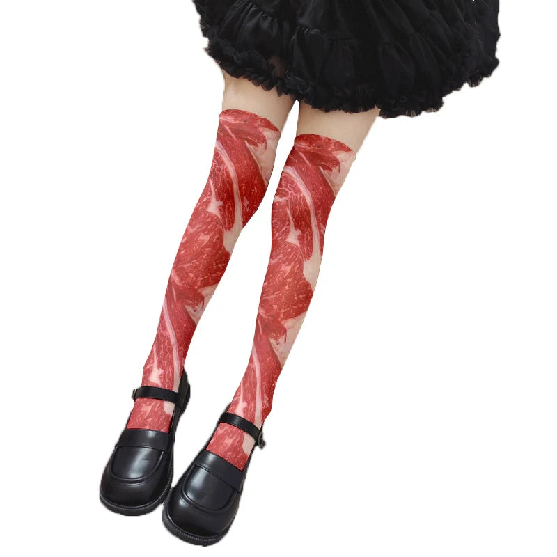 Funny Pork Belly Pattern Novelty Stockings Personalized Ladies Thigh Qme style1 One Size
