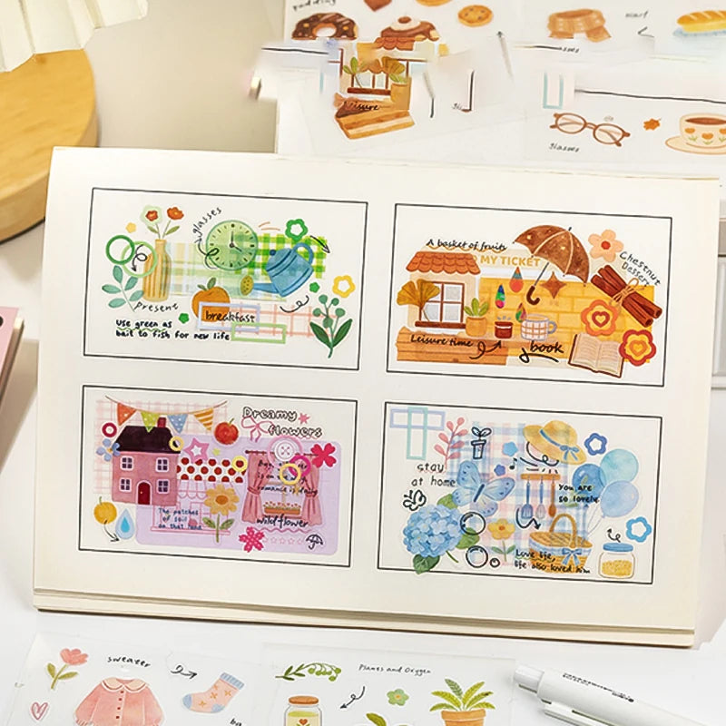 4 Books Fresh Four Seasons Sticker Book, Landscape Collage Materials for Journals, Versatile & Elegant Creative Craft Decor Qme