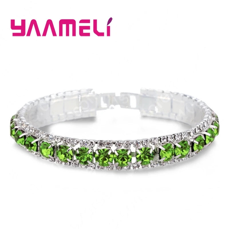 Top Sale 925 Sterling Silver Color Bracelet Full AAA Zircon Austrian Crystal Femme Women Link Chain Jewelry Bangles 14 Colors Qme Light green