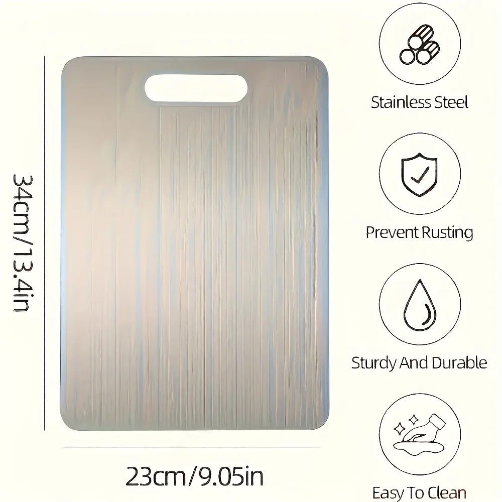 Premium Stainless Steel Cutting Board with Handle - Double-sided Design for Cutting Fruits, Vegetables, Bread, and Meat Qme