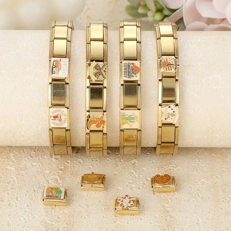 2026 New Golden Cowboy Horse Cowgirls Boots Hat Guitar Star Car Italian Charm Fit 9mm Stainless Steel Bracelet Jewelry DIY Gifts Qme