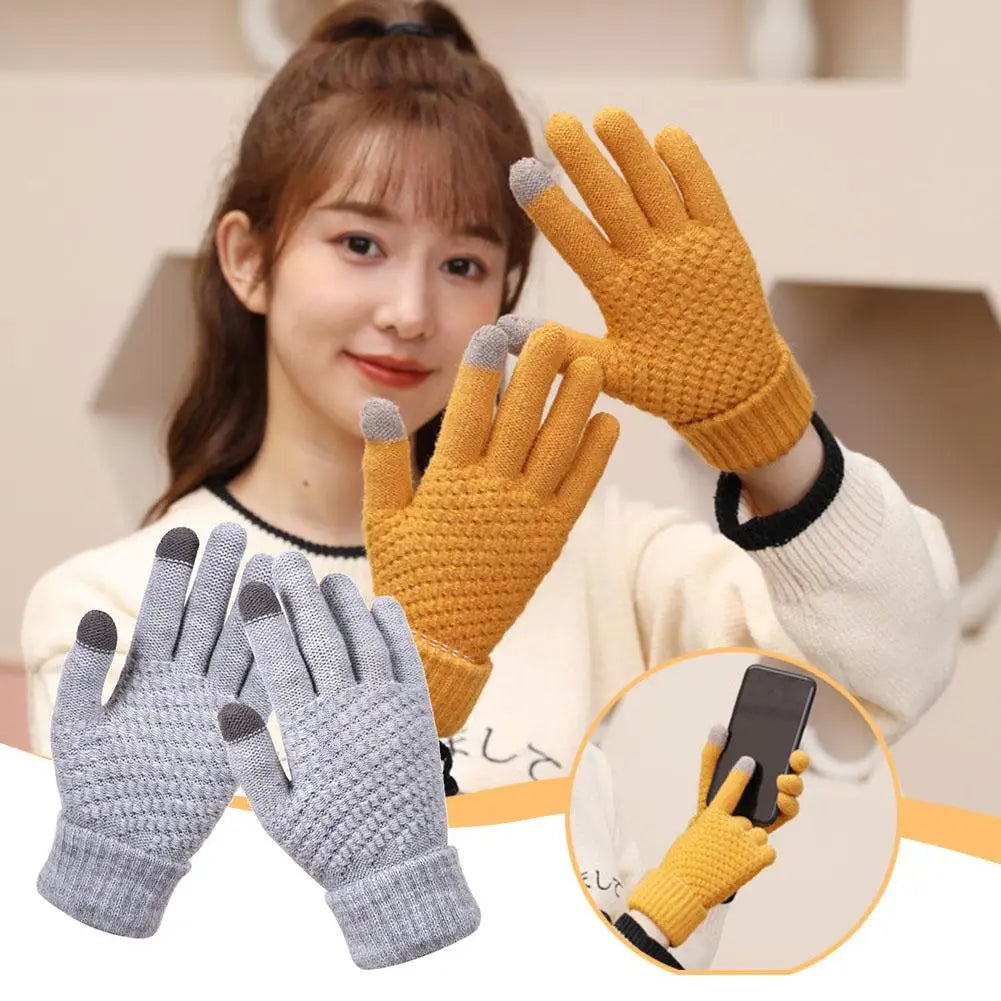 1Pair Women Gloves Knitted Solid Autumn Winter Hand Warmer Thicken Lining Skiing Short Wrist Female Full Fingered Mittens Qme
