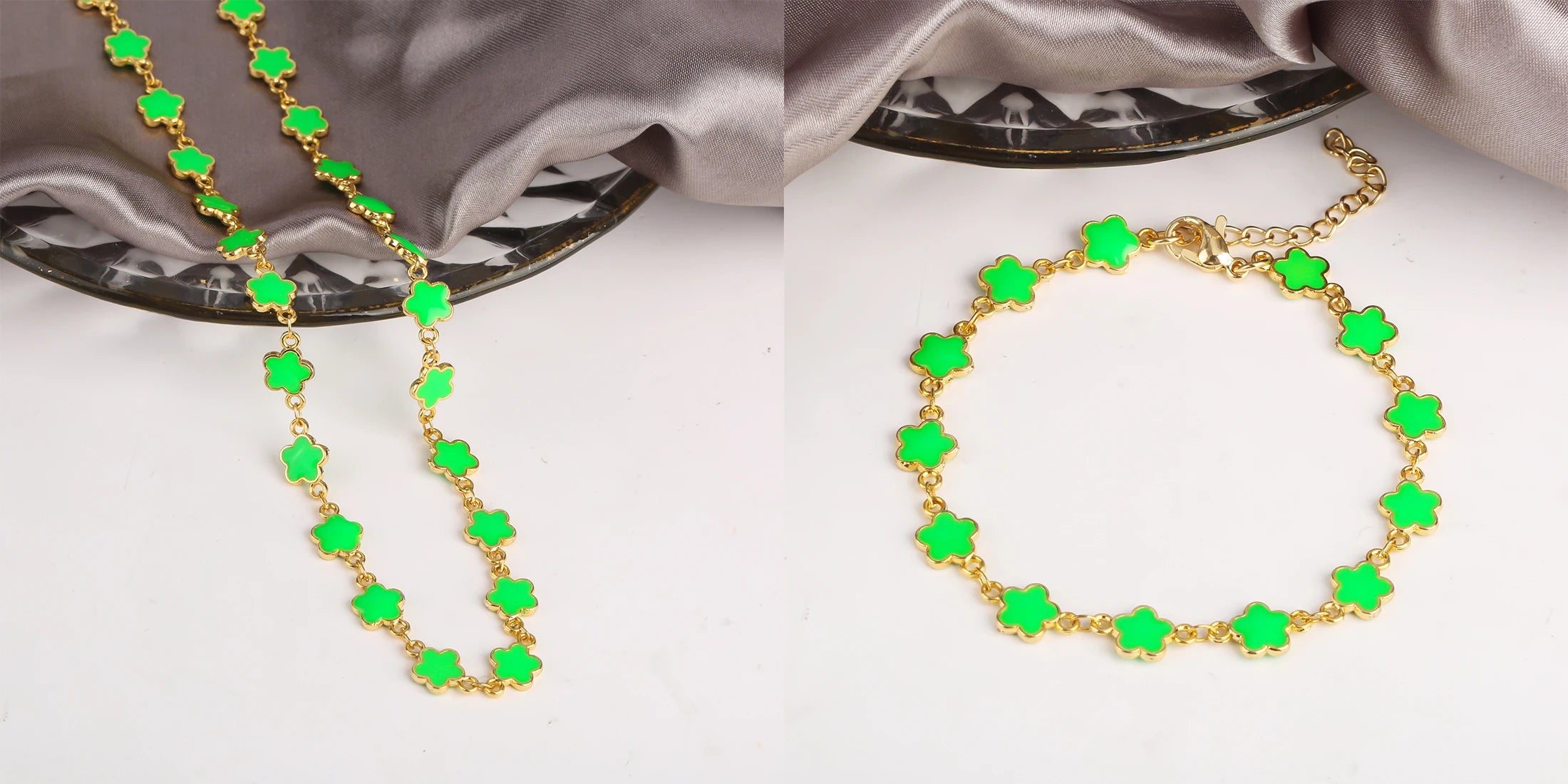 Classic 7 Color Copper Drip Oil Five-Leaf Flower Bracelet Necklace Pentagram Jewelry Set For Women Wedding Party Daily Wear Qme 4