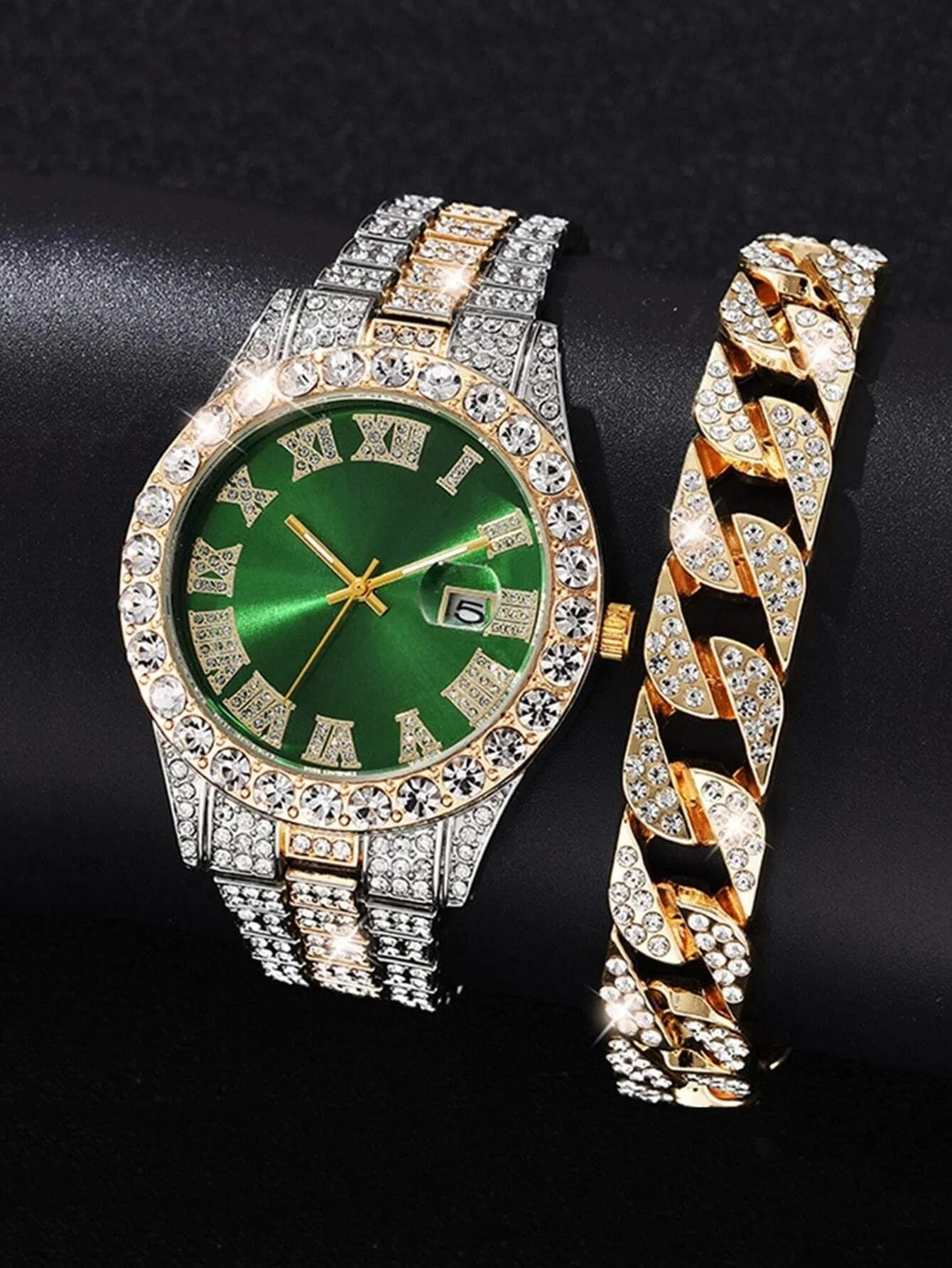 Hip Hop Watch Male Watch Luxury Water Proof Brand Watches Stainless Steel Round Clock Men Quartz Wristwatches Gift Boyfriend Qme green set