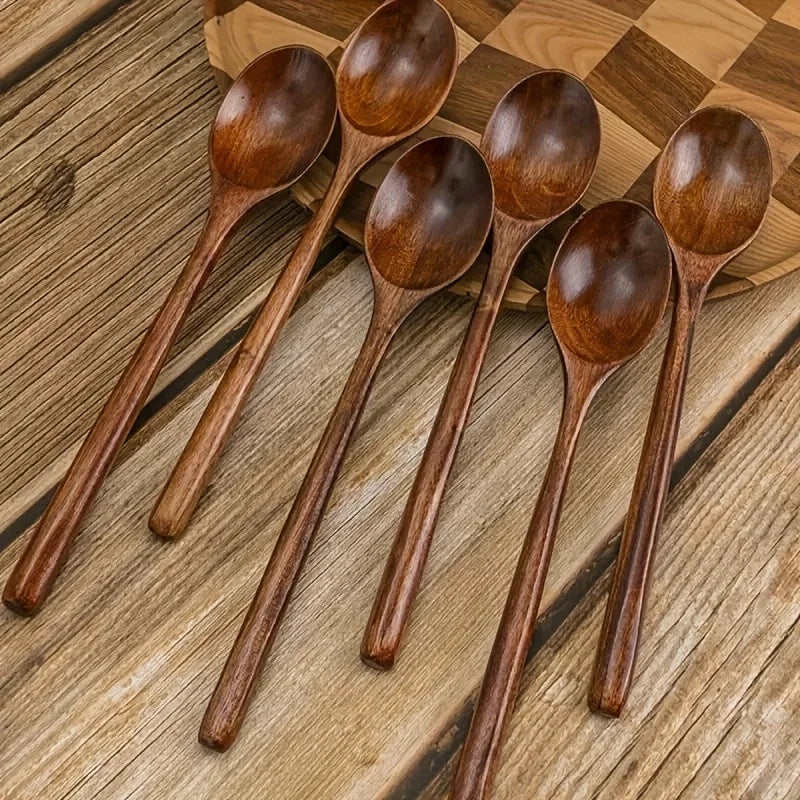 6pcs Multifunctional Handle Wooden Spoon Set, Soup Ladle, Dessert Spoon, Coffee Spoon, Stirring Spoon, Qme Brown