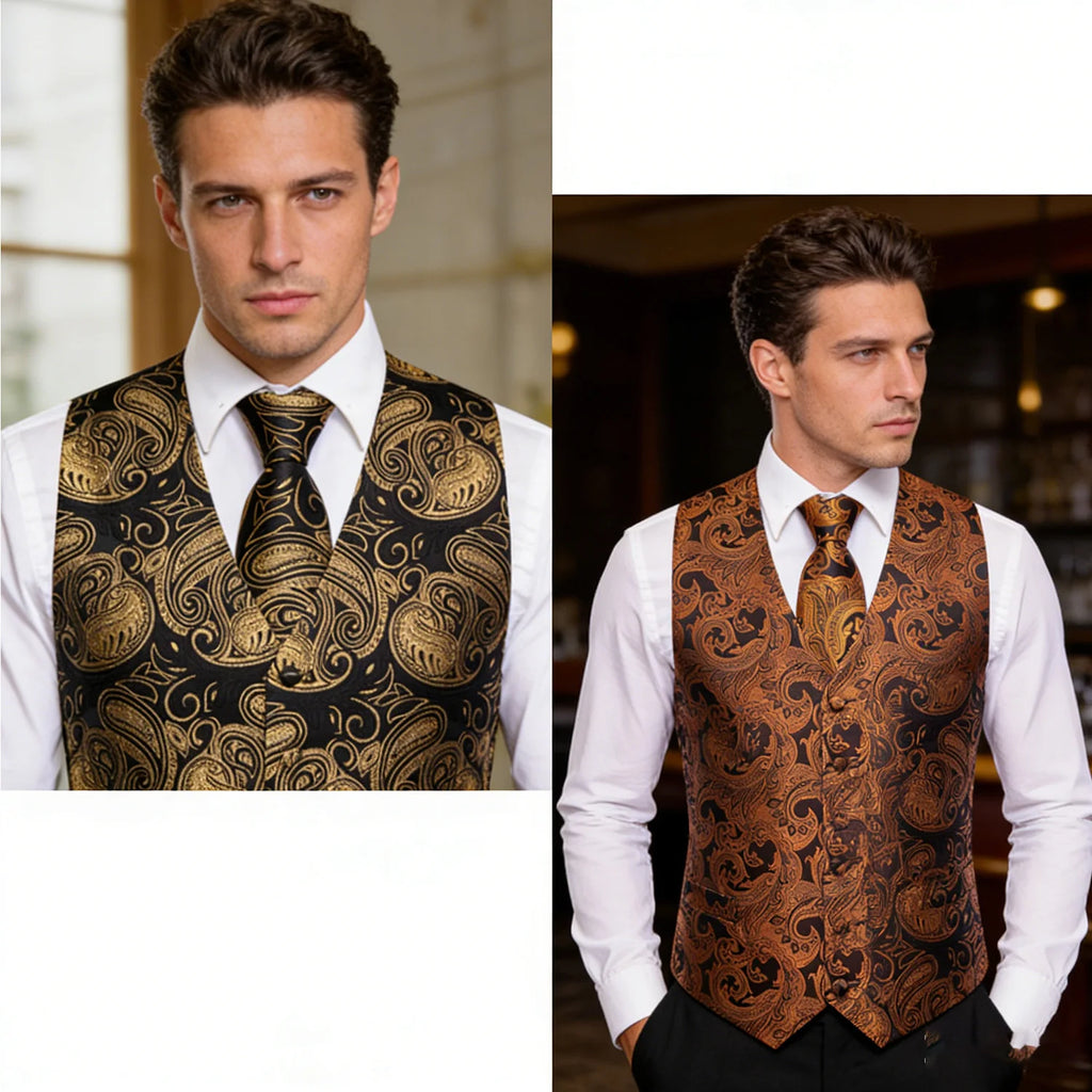 Men's Black Golden Brown Mint Wine Floral Vest & Tie Hanky Cufflinks Set – Formal Waistcoat for Weddings Events Party Gift Qme
