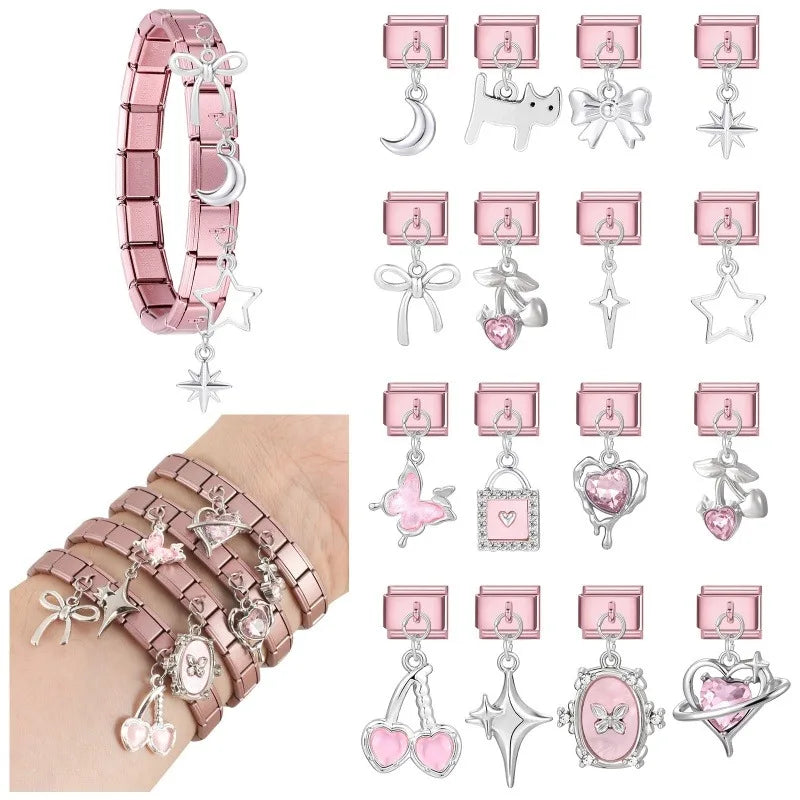 2026 Sweet Cute Cat Heart Zircon Butterfly Moon Star Pendant Italian Charm Links Fit 9MM Stainless Steel Bracelet DIYMaking Gift Qme
