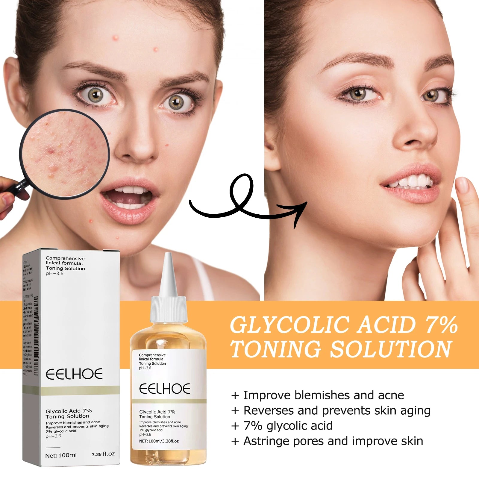 Glycolic Acid 7% Exfoliating Toner Brightening Smoothing Daily Toner Even-Looking Skin Tone Daily Skincare Moisturize Skin Qme