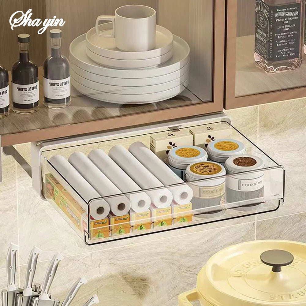 Drawer Storage Box Under Table Hidden Self-Adhesive Drawer Type Organizer Cabinet Office Desk Cosmetics Stationery Storage Rack Qme