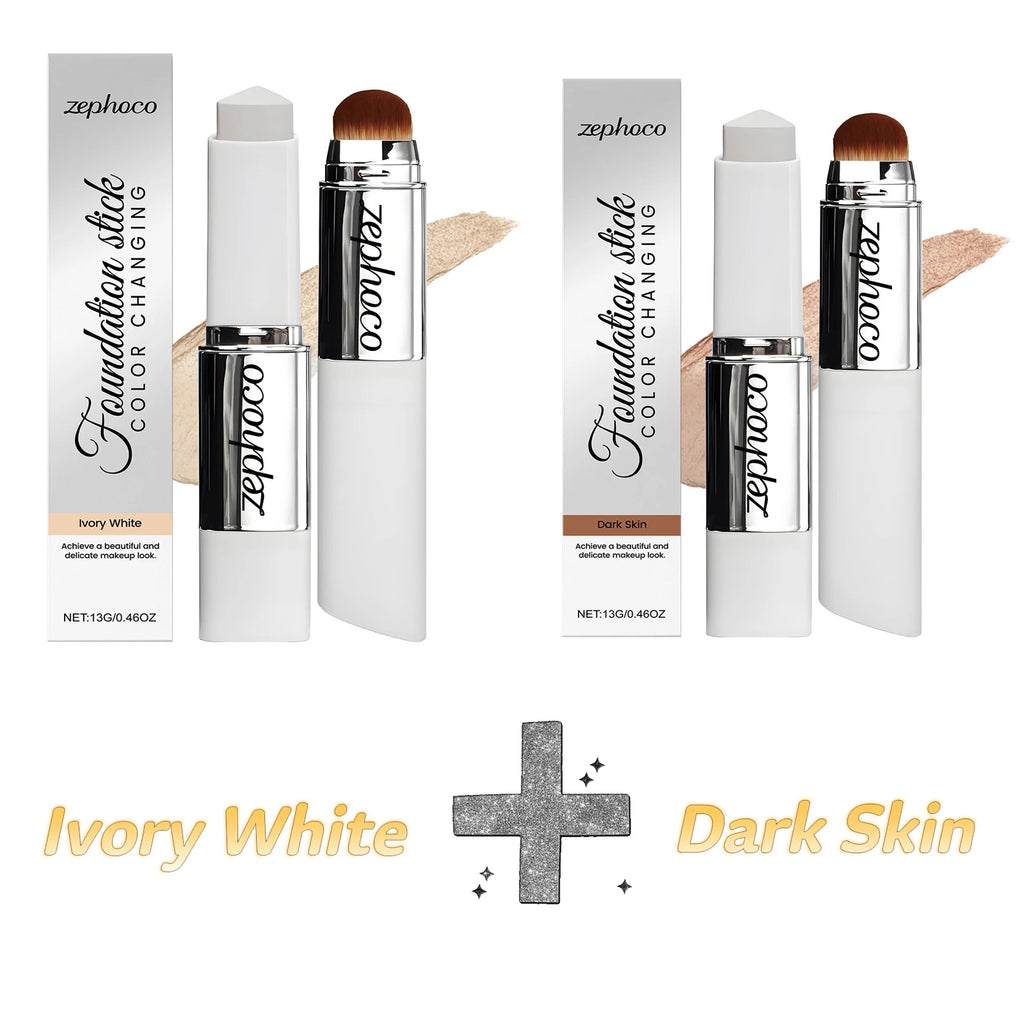 Zephoco Color Changing Foundation Stick Aloe Vera Waterproof Matte High Coverage Makeup Base 2 in 1 Blemish Cover Foundation 13g Qme Set 1