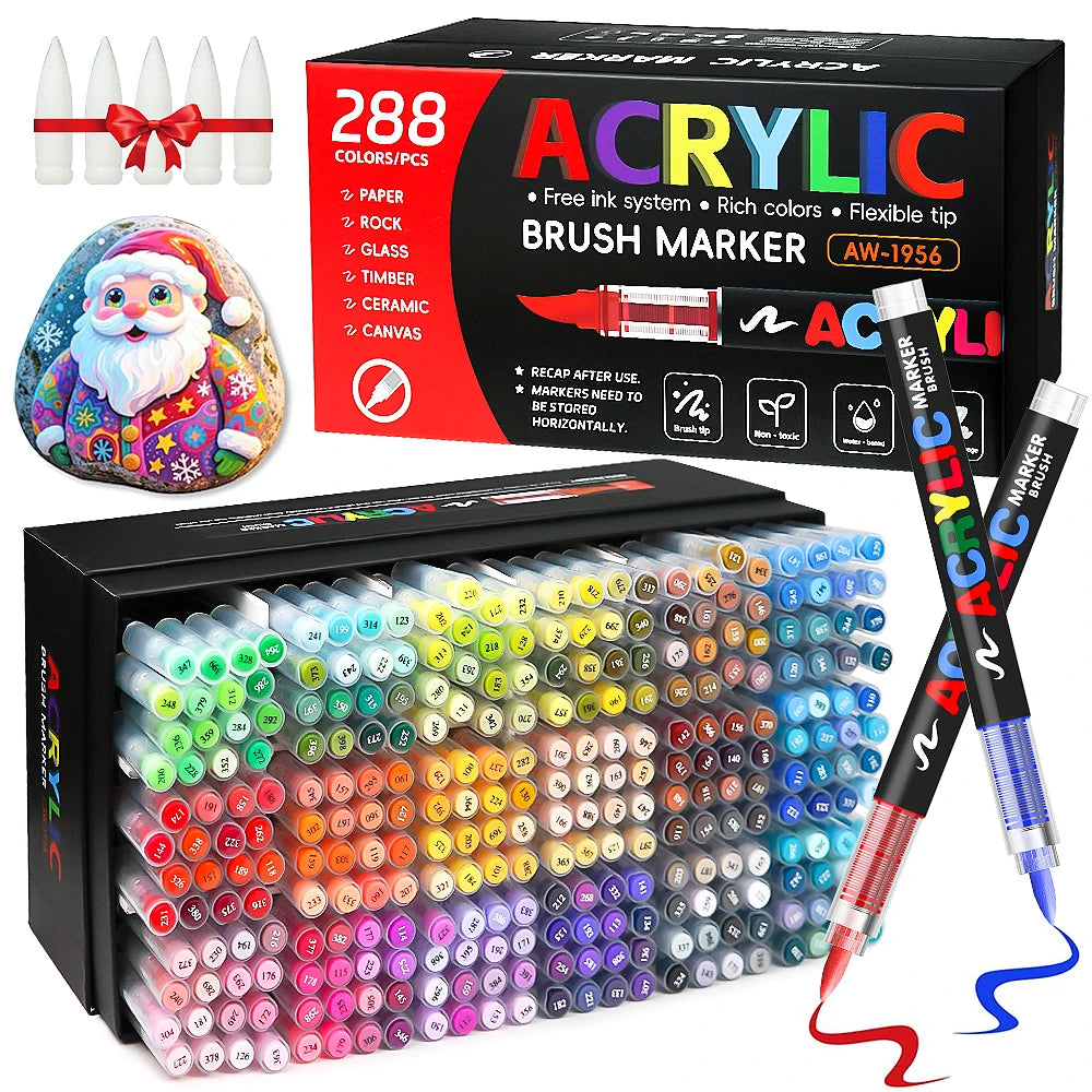 12-288 Colors Acrylic Paint Pens Markers Brush Tip Paint Markers for Rock Painting Wood Stone Glass Gift DIY Crafts Qme 288 Colors
