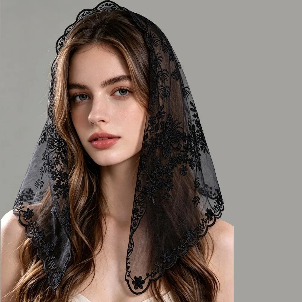 Lace Polka Dot Triangle Shawl Lightweight Breathable Head Scarf Qme Black Floral