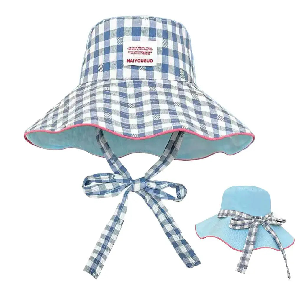 Women Girl Fisherman Hat Double Sided Sun Korean Ins Plaid Tie Strap Qme Blue