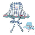 Women Girl Fisherman Hat Double Sided Sun Korean Ins Plaid Tie Strap Qme Blue
