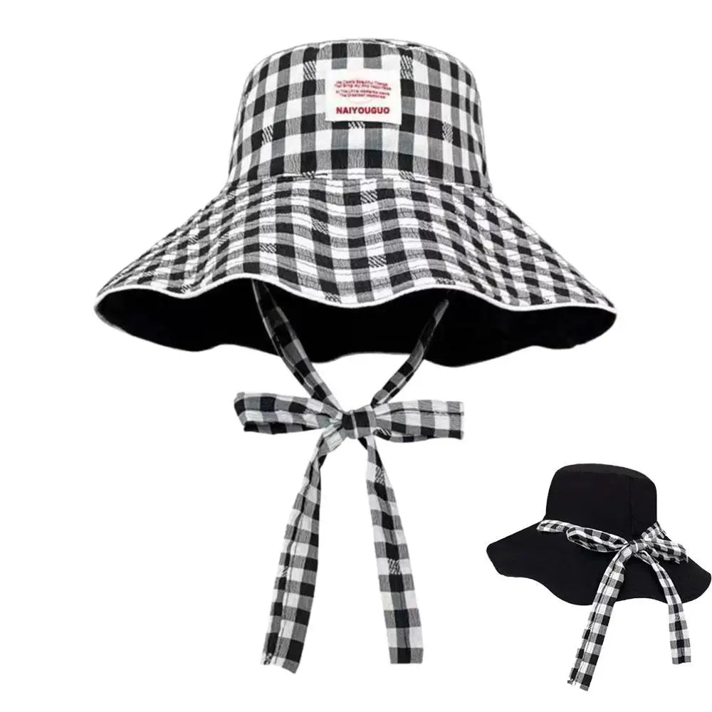Women Girl Fisherman Hat Double Sided Sun Korean Ins Plaid Tie Strap Qme Black
